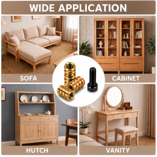 32 Sets Threaded Inserts for Wood with Bolts, 1/4-20 Furniture Insert Nuts Kit, Heavy Duty Screw Inserts for Wood, Metal Threaded Inserts for Furniture Repair, Bed Frame, Chairs, Cabinets