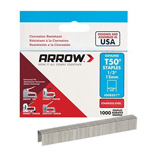 Arrow Fastener 508SS1 Heavy Duty T50 1/2-Inch Stainless Steel Staples for Upholstery, Construction, Furniture, Crafts, 1000-Pack - size: 1/2 Inch