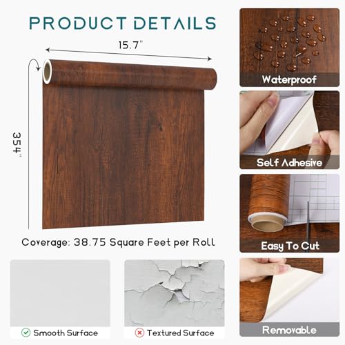 VEELIKE Auburn Cherry Wood Contact Paper Peel and Stick Wood Wallpaper for Kitchen Cabinets Furniture 15.7''x354'' Self Adhesive Waterproof Vinyl Wrap Wood Grain Contact Paper for Countertop Table Top - size: 15.7" x 354"