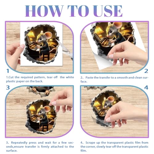 GLOBLELAND 4 Sheets 3D Mouse Rub on Transfers Mousehole Furniture Decor Transfers Animals Decal Transfers Stickers for Bedroom Living Room Desk Table Decoration - style: Mouse