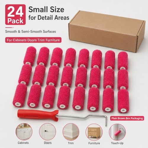 24 Pack Mini Rollers for Painting, 4 Inch Mohair Paint Roller Covers with Frame, Small Paint Roller Refills for Smooth Cabinets, Doors, Trim, Furniture, Wood, Paints and Stains