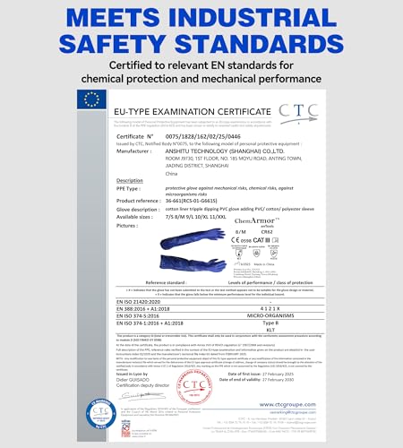 AnTools 25" Heavy-Duty PVC Chemical Gloves, Waterproof Long-Sleeve Work Gloves with Cotton Liner and Non-Slip Grip, for Lab, Pool Cleaning, Oil, and Industrial Work, Blue, Large