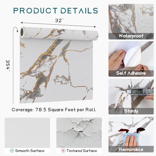 VEELIKE Luxurious White Gold Peel and Stick Countertops for Kitchen Marble Contact Paper for Countertops Waterproof Marble Wallpaper 32''x354'' Matte Granite Contact Paper for Bathroom Counter Walls - size: 32" x 354"