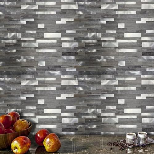 10 Sheets Backsplash Tile for Kitchen Peel and Stick, Self-Adhesive Waterproof, Metal Backsplash Subway Tile, Stick on Tiles Kitchen Bathroom (Light Grey Wood Grain+Frosted Silver) - color: Light Grey wood Grain+Frosted Silver