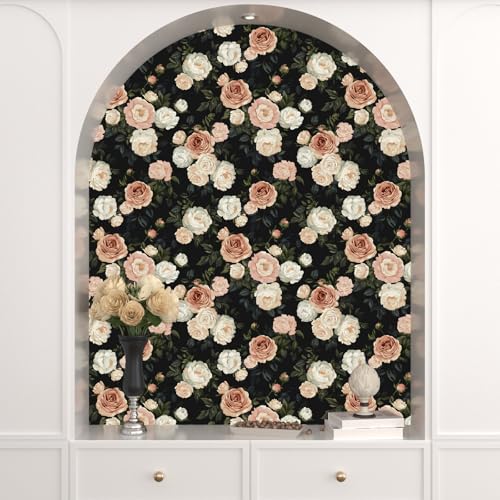 Laatse Dark Floral Rose Peel and Stick Wallpaper 17.5" x 118",Black/White - color: Pink&White, size: 118" x 17.5"
