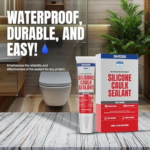 GH1200 White Silicone Sealant - 150 ML/5 FL Oz Waterproof Sealant for Kitchen & Bathroom - Shrink & Crack Proof Silicone Caulk - Indoor & Outdoor Use Sealant - Strong Formula Silicone Adhesive Tube