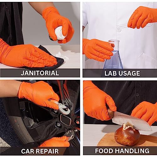 Industrial Nitrile Gloves – Heavy Duty Latex & Powder Free Disposable Gloves with Diamond Texture - color: Orange, size: Small (Pack of 100)