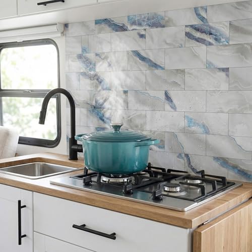 32 Sheets Blue Agate Marble Peel & Stick Subway Tile 4"x8" - color: Blue Agate Marble, size: 32 Pcs 4" x 8" x 0.07"