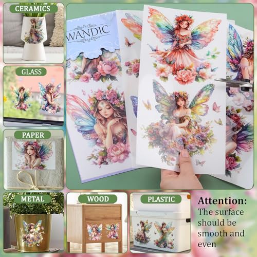 WANDIC 6 Sheets Fairy Rub On Transfers Butterfly Flower Scrapbook Stickers Elf Window Decals Sprite Waterproof Stickers Pixie Cup Wraps for DIY Furniture Photo Albums,15 * 30cm - color: Butterfly Flower Elves