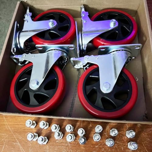 5 Inch Casters Set of 4 Heavy Duty, Lockable Bearing Plate Caster Wheels with Brakes, Swivel Casters No Noise 360-degree with Polyurethane Wheels for Cart, Furniture,Workbench,Cabinet