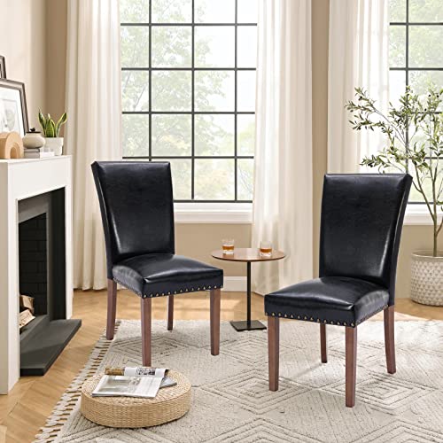 Parsons Dining Chairs Set of 2, Upholstered Nailhead PU Leather Dining Room Kitchen Side Chair with Thick Cushions and Wood Legs, Black - color: Black, size: set of 2