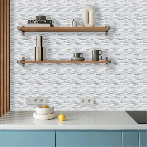 Tilingview 10PCS Peel and Stick Tile for Kitchen Backsplash, Strips Design Self-Adhesive Vinyl Tile, Plastic Wall Sticker (Blue White) - color: Narrow Blue White, size: 10"x10"x0.02"