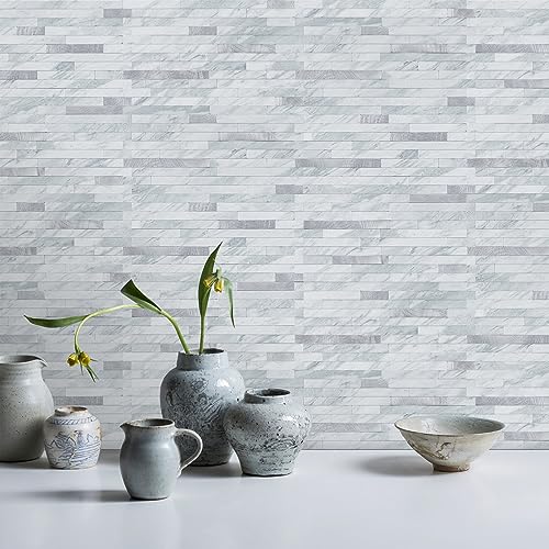 STICKGOO Peel and Stick Backsplash Tile, Volakas White with Silver Metal - color: Volakas White + Metal Silver
