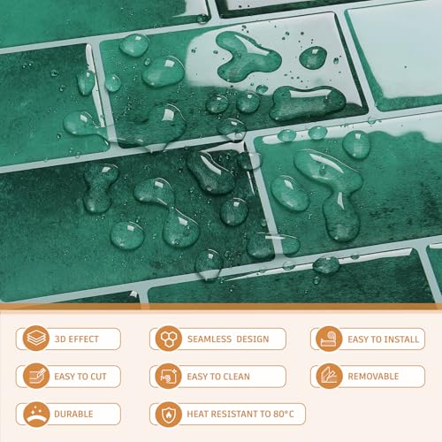 CRE8TIVE 4 Sheets Green Subway Tile Peel and Stick Backsplash for Kitchen Wall 12"x12" 3D Stone Wall Tiles Adhesive Stick on Backsplash Peel and Stick Shower Tile Waterproof for Bathroom Laundry Room - size: 12"x12" (4-Sheets)