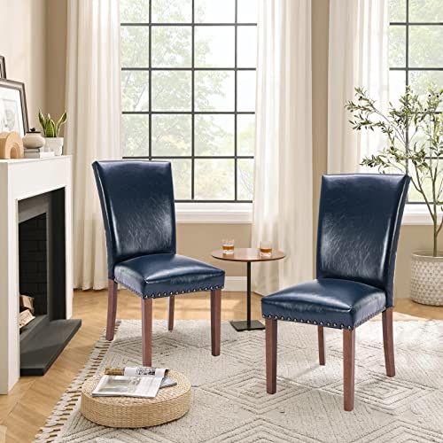 Parsons Dining Chairs Set of 6, Upholstered Nailhead PU Leather Dining Room Kitchen Side Chair with Thick Cushions and Wood Legs, Blue - color: Blue, size: set of 6