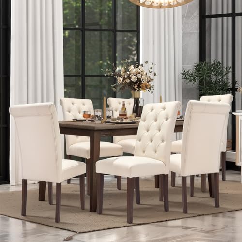 COLAMY Tufted Dining Chairs Set of 2, Accent Parsons Diner Chair Upholstered Fabric Stylish Kitchen Chairs with Solid Wood Legs and Padded Seat, Beige - color: Beige, size: set of 2