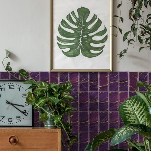 VICCI 32Pcs Backsplash Tiles Peel and Stick for Kitchen Bathroom Thickened by Foam Interlayer, Purple Marble Tile Sticker Waterproof Wall Decals 8x4 inch - color: Sjm-319, size: 8x4IN*32PCS