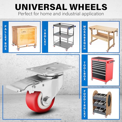 2.5 Inch Caster Wheels Heavy Duty Casters Set of 4, 1500 LBS Load Capacity - color: Red & Silver, size: 2.5 Inch