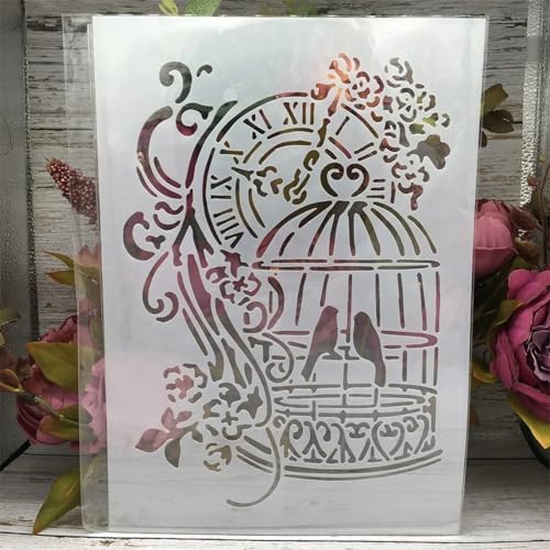 TIAMECH A4 Reusable Vintage Birdcage Clock Stencil for Painting - style: Birdcage Clock