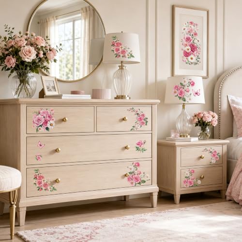WANDIC 3 Sheets Rub on Transfers for Crafts,Pink Rose Theme Scrapbooking Stickers Furniture Transfers Journal Stickers Flower Pattern Decals for DIY Water Bottle Window,15 * 30cm - color: Pink Rose