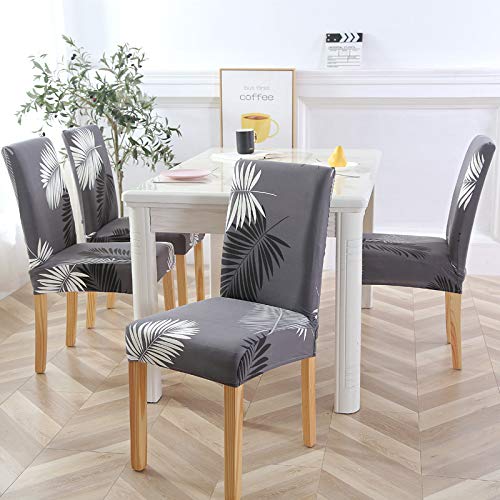 Stretch Chair Covers Slipcovers Set of 4 Printed Stretchable Dining Chair Slipcover Washable Removable for Kitchen,Hotel,Restaurant - color: Black Gray Feathers, size: 4