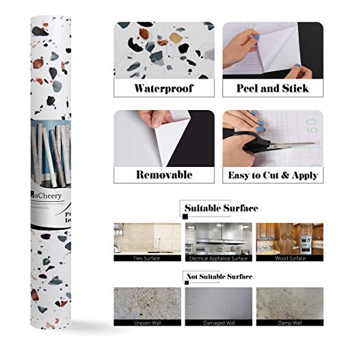 LaCheery Large Size 160 x 36 Inch Wide Terrazzo Contact Paper for Backsplash Matte White Granite Countertop Contact Paper Peel and Stick Wallpaper Adhesive Roll for Kitchen Bathroom Worktop Backsplash - size: 36" x 160"