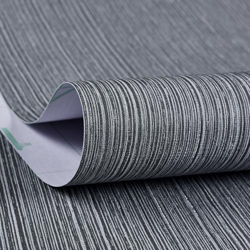 Haimin Grasscloth Wallpaper Textured 24in X 393in Fabric Contact Paper Gray Wall Paper Textured Linen Wallpaper Peel and Stick Self-Adhesive Thick Vinyl Embossed Film Wallpaper (Gray) - color: Gray and Black