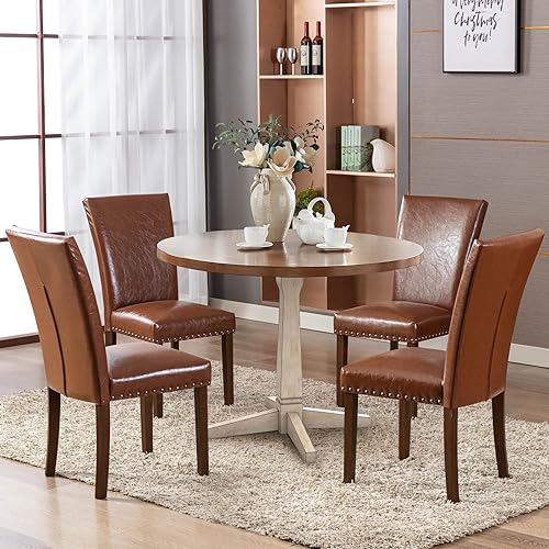 COLAMY Upholstered Parsons Dining Chairs Set of 2, PU Leather Dining Room Kitchen Side Chair with Nailhead Trim and Wood Legs - Light Brown - color: L-lightbrown, size: Set of 2