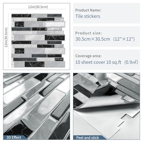 DEWOO Kitchen Backsplash 3D Self Adhesive Peel and Stick Wall Tile 10 Sheet - color: Gray