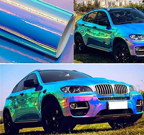 Holographic Rainbow Chrome Car Adhesive Vinyl Wrap Gloss Decal Sticker Film Sheet Air Bubble Free DIY Vinyl (Sky Blue, 1.35ft x 4.5ft) - color: Sky Blue, size: 1.35ft x 4.5ft