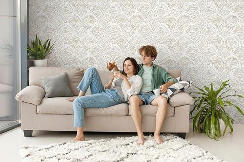 Safiyya Peel and Stick Wallpaper Boho Contact Paper 17.3"x197" Beige and White Modern Wall Paper Self Adhesive Removable Wallpaper for Bedroom Vinyl Rolls - color: Beige and White, size: 17.3" x 197"