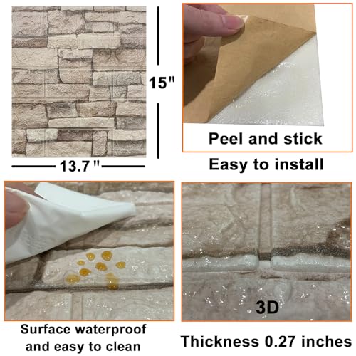 Yutianli 10PSC 3D Wall Panels Peel and Stick Faux Brick Wall Panels Self-Adhesive 3D Brick Wallpaper Foam Stone Wall Panel - color: rock, size: 10PCS