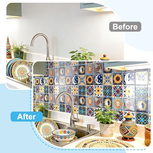Art3d Talavera Design Peel and Stick Backsplash, 10-Pack, Sun & Moon Floral - color: Sun & Moon Floral