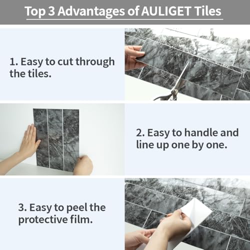 AULIGET 40-Piece Polished Dark Grey Marble Peel and Stick Backsplash Wall Tiles, 3" x 12" PVC Faux Stone Stick on Tiles for Backsplash Kitchen, Bathroom, Laundry Room, Camper, Fireplace - color: Polished Dark Grey Marble, size: 40 Pieces, 3"x12"x0.12"