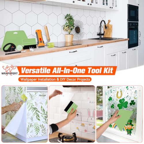 WRAPXPERT Wallpaper Tools Wallpaper Smoothing Tool Kit with Felt Squeegee,Seam Roller,Razor Scraper,Wrapping Paper Cutter for Peel and Stick Contact Paper,Vinyl Backsplash Tile,Bathroom,Window Film - color: Green
