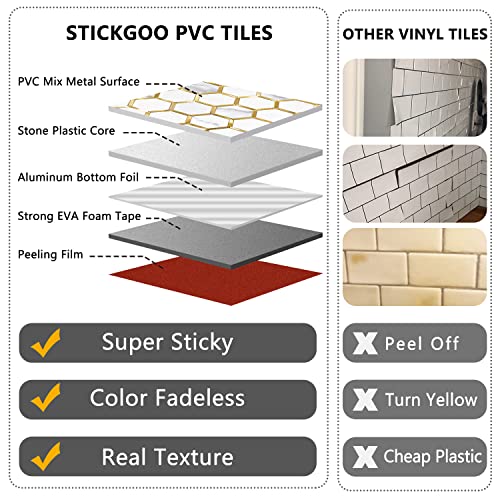 STICKGOO Hexagon Peel and Stick on Backsplash for Kitchen and Bathroom, White Marble Look PVC Mixed Metal Gold Self Adhesive Metal Mosaic Tiles(10 Sheets, Seamless) - color: White Marble with Metal Gold