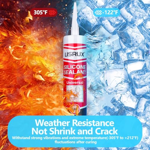 LISRUX Advanced Clear Silicone Caulk for Kitchen & Bathroom,10 fl oz Cartridge,12 Pack,100% Waterproof RTV Silicone Sealant,Stronger Adhesion,Shrink & Crack Proof - size: 12P