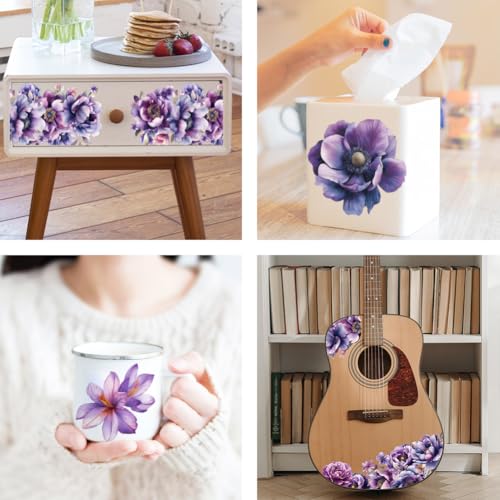 OLYCRAFT 3Pcs/Set Purple Flower Rub on Transfers for Furniture and Craft 6x12 Inch Peony Furniture Decal Transfer Sticker Rub on Decal with 1pc Scraper for Scrapbook Window Home Decoration - style: Purple Flower