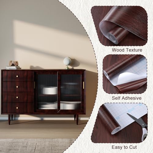 Timeet Wood Peel and Stick Wallpaper Reddish Brown Wood Grain Contact Paper Self Adhesive Removable Waterproof Vinyl Film Wooden Wallpaper for Countertops Cabinets Furniture Desk Walls 17.7"x 200" - color: Reddish Brown, size: 17.7" x 200"
