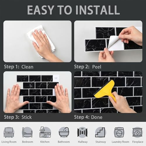 Arttown Peel and Stick 3D Wall Backsplash, 10-Sheet, 12" × 12" Black - color: Black Marble, size: 10PC 12"x12"