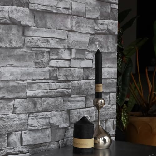 Grey Brick Wallpaper Peel and Stick 17.7"x 394" Newly Upgraded and Thickened Faux 3D Stone Wallpaper for Bathroom, Bedroom, Kitchen, Living Room - size: 17.7" x 393"