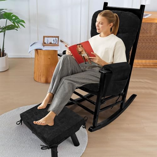 5 PCS Glider Rocker Replacement Cushions with Storage Side Pocket, Luxuriy Chenille Fabric Foam & Microfiber Filling, Thickened & Supportive Rocking Chair Cushion Set, Black - color: Black