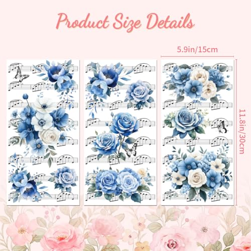 Peacoblue Flowers Music Notes Rub On Transfers for Furniture 6"x12" - style: Blue Flowers and Music Notation