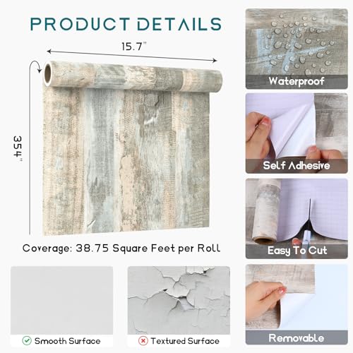 VEELIKE Light Blue Weathered Wood Contact Paper Peel and Stick Wood Plank Wallpaper for Walls Countertops Cabinets Desk 15.7''x354'' Removable Adhesive Vinyl Wrap Wallpaper - size: 15.7" x 354"