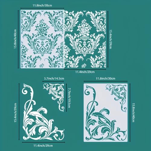 2Pcs Brocade Floral Wall Stencils Template Reusable Spray PaintStencils for Craft Painting on Wood Craft Canvas Walls Wood Furniture Decorations DIY Scrapbooking, kbatuo-001