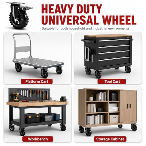 5 Inch Heavy Duty Casters Set of 4, Rubber Caster Wheels with Brakes, 2400LBS Capacity Industrial Swivel Casters for Workbench, Cart, Furniture, Smooth Rolling, with mounting Hardware, 4-Packs(Black) - size: 5 Inches black
