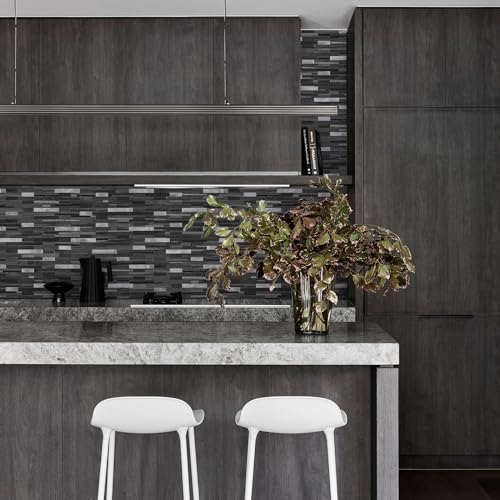 STICKGOO Peel and Stick Backsplash Tile, Stick on Backsplash for Kitchen and Bathroom, Black Grey Wood Look PVC Mixed Metal Silver Self Adhesive Wall Tiles(10 Sheets) - color: Black Grey with Metal Silver