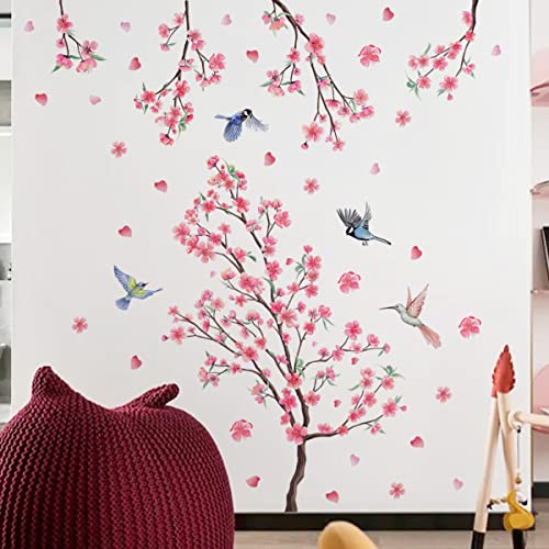iMagitek Large Cherry Blossom Wall Stickers Pink Flowers Tree Branch Birds Floral Cherry Blossom Wall Decals for Bedroom Living Room Sofa TV Background - style: Cherry Blossom
