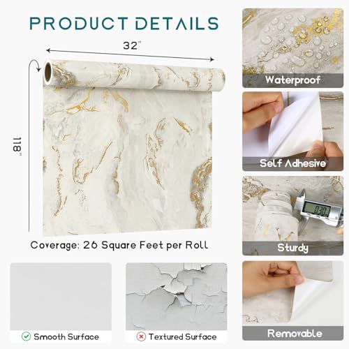 VEELIKE 118''x32'' Wide Matte Gold Beige Marble Contact Paper for Countertops Waterproof Marble Wallpaper Peel and Stick Countertops for Kitchen Bathroom Removable Self Adhesive Countertop Covering - size: 32" x 118"
