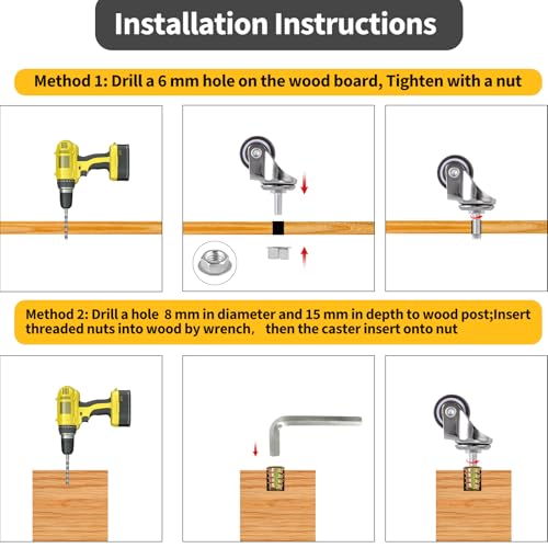 Skelang Mini 1'' Swivel Threaded Stem Casters, Small TPE Mute Crib Caster, M6×15mm, Replacement for Baby Bed, Cabinet, Table, Shelf, Total Load Capacity 99Lbs